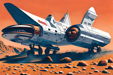 Spacecraft flying over the planet Mars. Illustration of a space ship.の素材