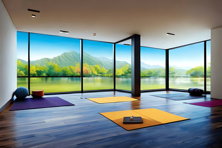 Interior of yoga room with view on the lake. 3d renderingの素材