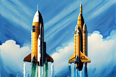 Space rocket in the sky. 3D illustration. Vintage style.の素材