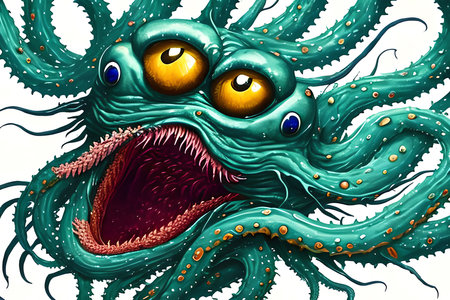 Illustration of an octopus with big eyes and sharp teeth.の素材