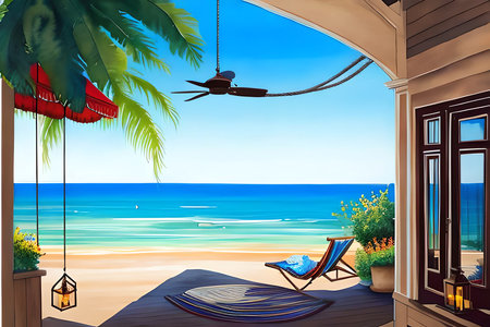 Illustration of a balcony overlooking the sea with a deck chair and palm treesの素材
