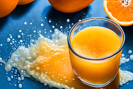 Fresh orange juice in a glass with splashes on a blue backgroundの素材