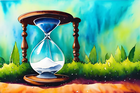 Hourglass in the grass. Time is passing. Vector illustration.の素材