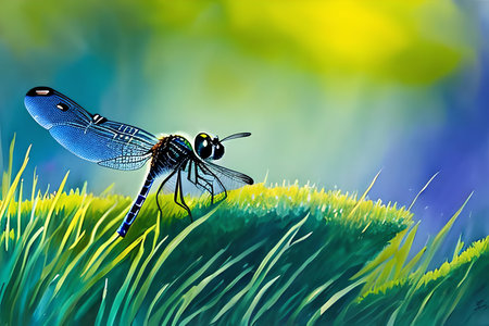 Dragonfly on a green meadow in the spring. Vector illustration.の素材