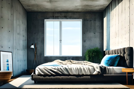 Luxury bedroom interior with grey walls, concrete floor, gray master bed with blue pillows and window. 3d renderingの素材