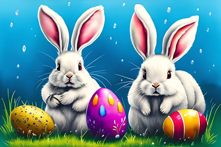Easter Bunnies with colorful eggs on green grass and blue backgroundの素材