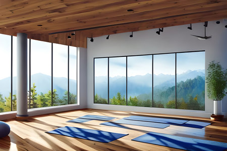 Interior of modern yoga room with mountain view and yoga mat. 3D Renderingの素材