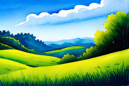 Landscape with hills and blue sky. Digital watercolor painting.の素材