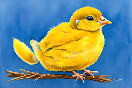 cartoon yellow chicken on a branch on a blue background, illustrationの素材