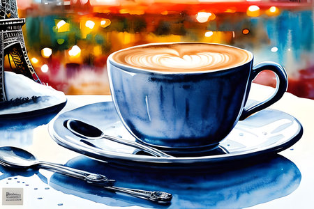 Coffee cup on the table in cafe. Colorful background.の素材