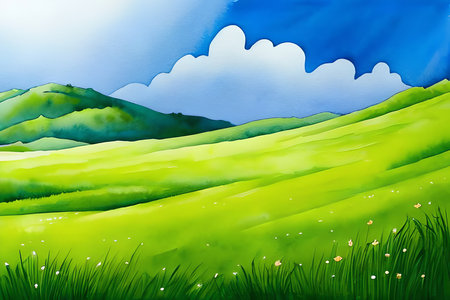 Landscape with green meadow and blue sky. Vector illustration.の素材