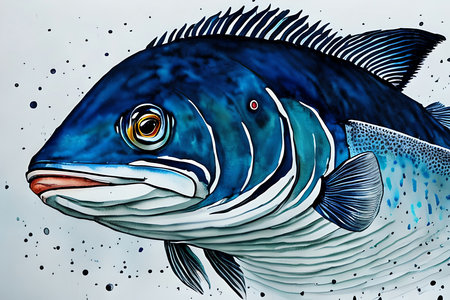 Watercolor illustration of a blue fish. Hand-drawn illustration.の素材