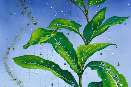 Water drops on the green leaves of a plant. Nature background.の素材