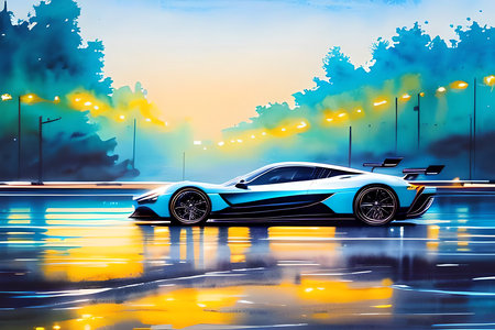 Modern car on the background of the night city. 3d renderingの素材