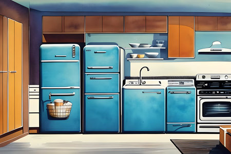 Illustration of a modern kitchen with blue and brown cabinets and appliancesの素材
