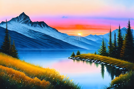 Beautiful mountain landscape with lake and mountains at sunset. Digital paintingの素材