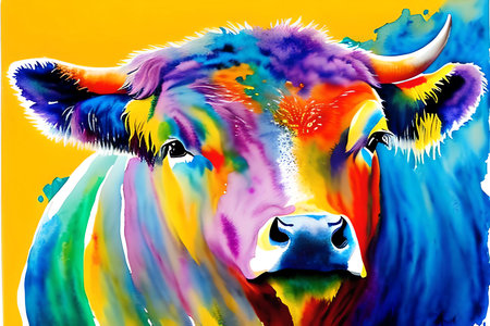 Colorful portrait of a bull on a yellow background. Digital painting.の素材
