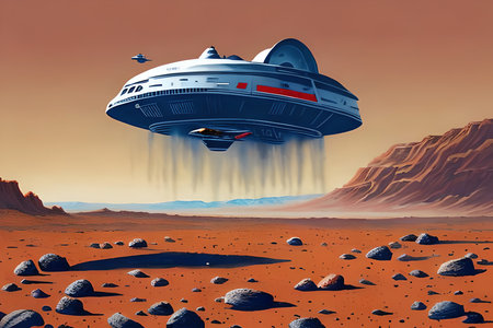 UFO flying over the planet. 3D illustration. Vintage style.の素材