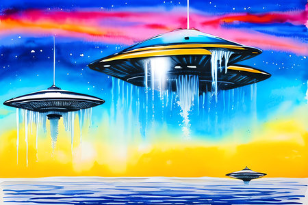 Illustration of flying saucers on the background of the skyの素材