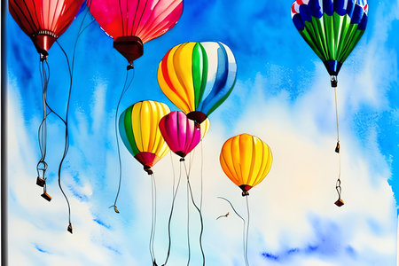 Colorful hot air balloons flying over blue sky with white clouds.の素材