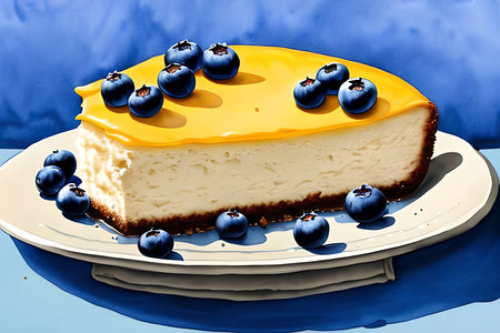 Cheesecake with blueberries on a white plate on a blue backgroundの素材
