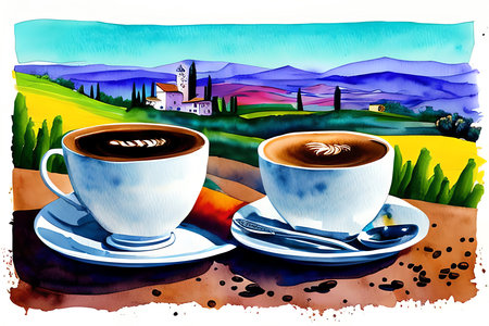 Coffee cup and saucer on a background of Tuscan landscapeの素材