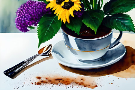 Cup of coffee with sunflowers on a white wooden tableの素材