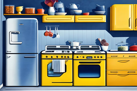 Kitchen interior with household appliances. Vector illustration in cartoon style.の素材
