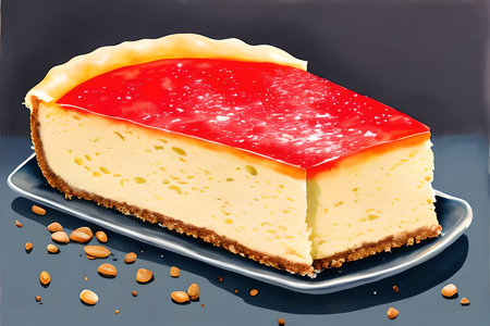 piece of cheesecake with strawberry jelly on a plate, closeupの素材