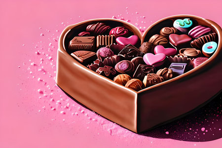 Chocolate candies in a heart-shaped box on a pink backgroundの素材