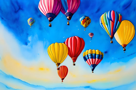 Colorful hot air balloons flying in blue sky. 3D renderingの素材