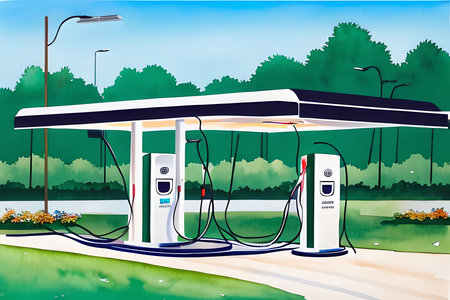 Illustration of an electric car charging station on a background of natureの素材