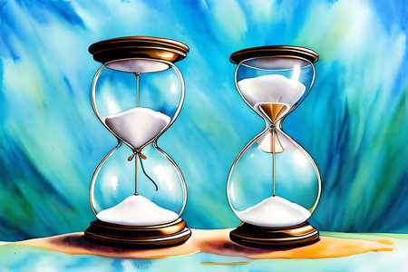 Hourglass on abstract water background. Concept of time and deadline.の素材