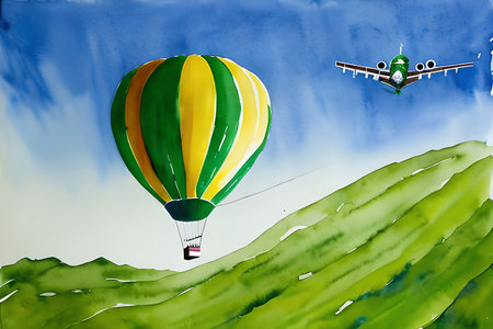 Colorful hot air balloon painting over green field with blue sky.の素材