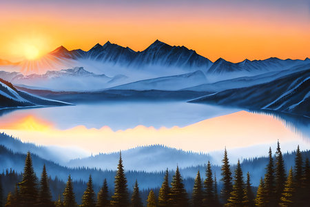 Mountain landscape with lake and forest at sunrise. Digital painting.の素材