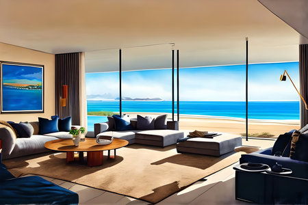 Interior of modern living room with sea view. 3D renderingの素材