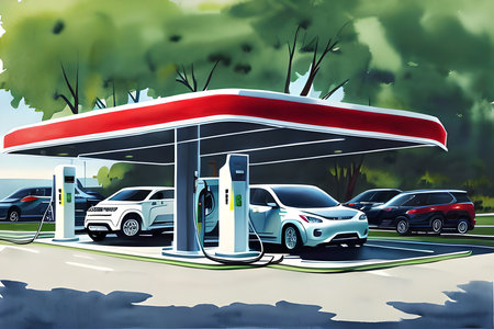 Electric car charging station. Eco-friendly transport. Vector illustration.の素材