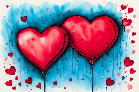 Valentine's day background with red hearts on blue watercolor backgroundの素材