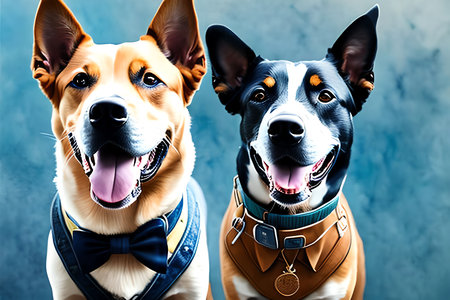 Portrait of two dogs with bow ties on a blue background.の素材