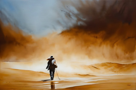 Hiking in the desert with a backpack on his back. Digital painting.の素材