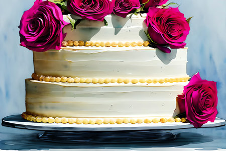 Wedding cake with roses on a white background. Toned.の素材