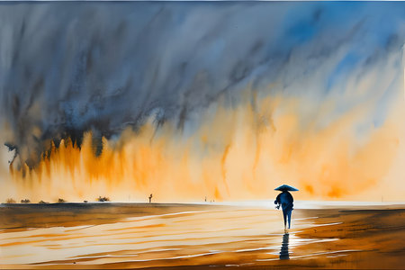 Silhouette of a man standing on the beach with a big storm in the backgroundの素材
