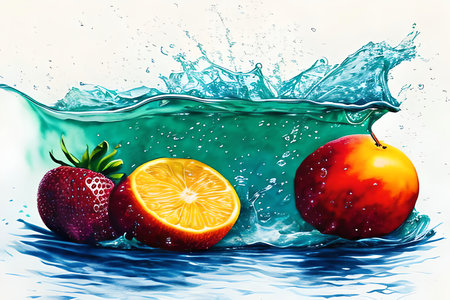 Fruit in water splash, healthy food concept. 3d renderingの素材