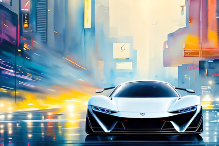 3D rendering of a brand-less generic concept car in the cityの素材