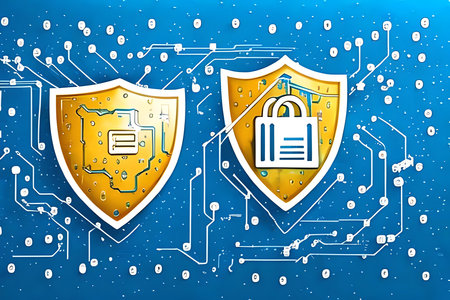 Cyber security concept with shield and padlock on a blue backgroundの素材