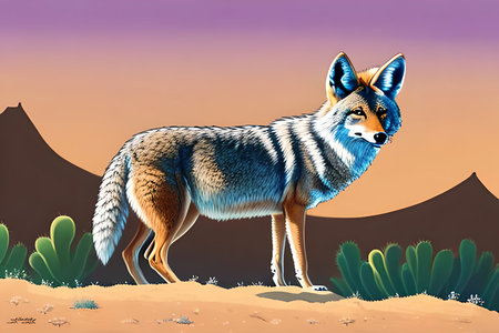 Illustration of a fox in the desert against the background of mountainsの素材