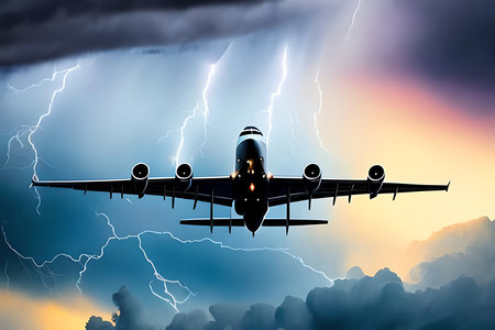 Airplane in the sky with thunderstorm. 3d illustration.の素材