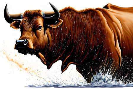 Bull head with big horns and splashes of water on a white backgroundの素材