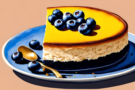 Cheesecake with blueberries on a blue plate. 3d renderingの素材