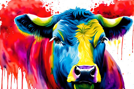 Bull head with paint splashes on a grunge background. Vector illustration.の素材